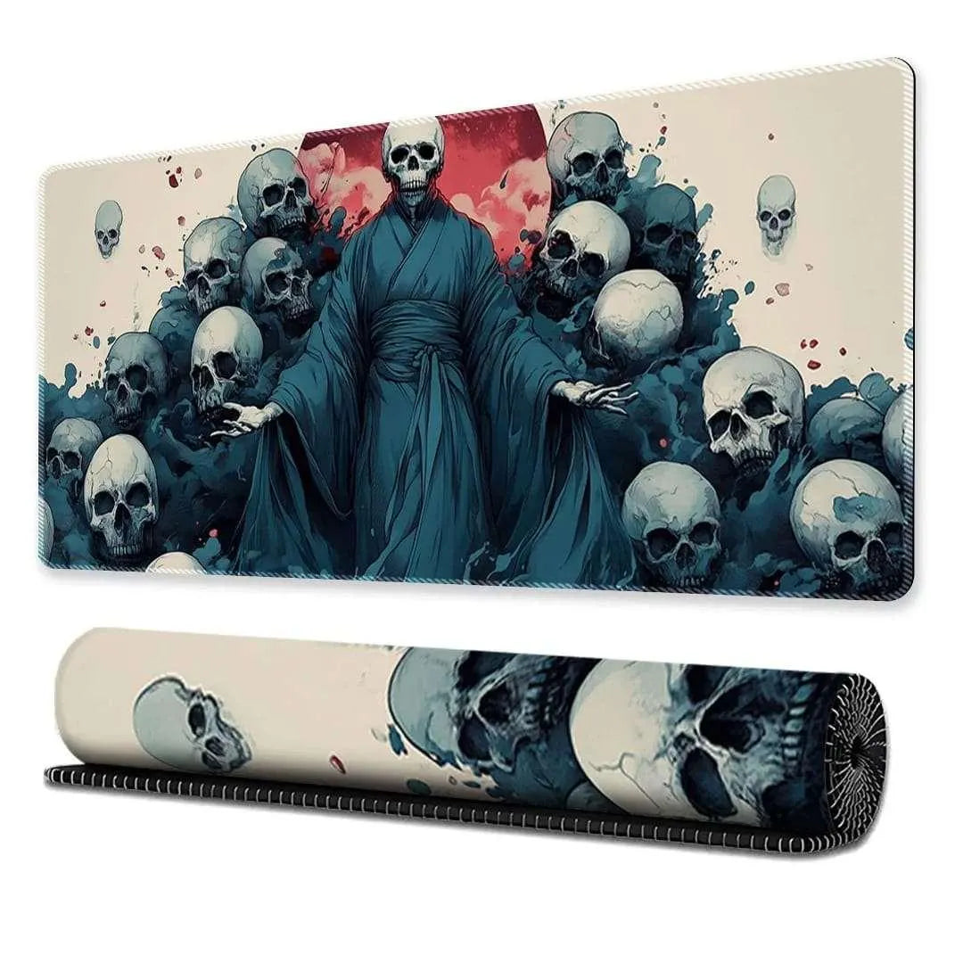 Grim Reaper skeleton in dark robes surrounded by skulls gaming desk mat mouse pad in 30x80cm size showing flat and rolled views at Lebtech Store Lebanon.
