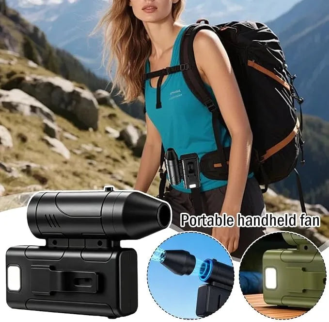 GX18 Violent Fan used by hiker on backpack belt with feature graphics from Lebtech Store Lebanon