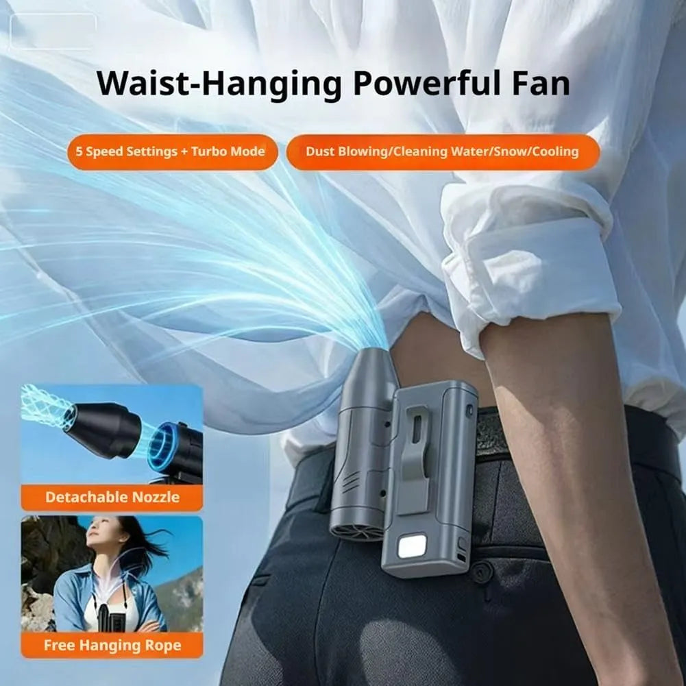 GX18 Violent Fan demonstrating wearable waist clip cooling and neck strap configurations from Lebtech Store Lebanon