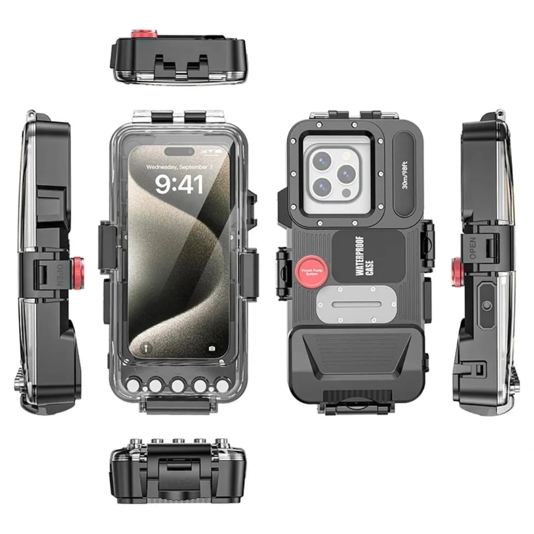 Multi angle product views of the heavy duty underwater phone housing showing vacuum valve and side locking latches from Lebtech Store Lebanon.