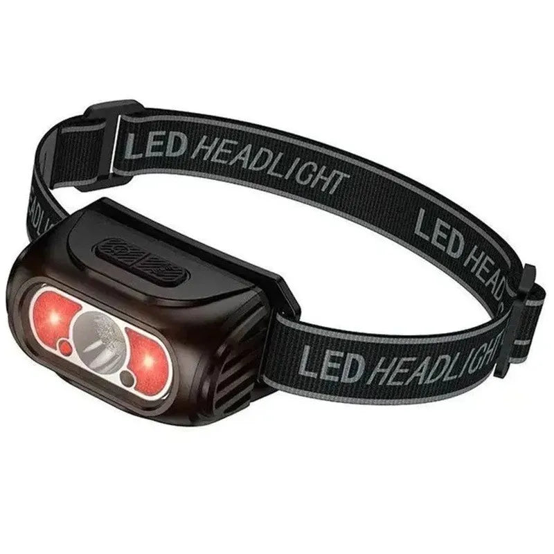 Close-up view of the Hoco DL 24 LED headlight showcasing its dual red light indicators, primary central bulb, top power buttons, and adjustable elastic band with 'LED HEADLIGHT' text, sold by Lebtech Store for fast delivery across Lebanon.