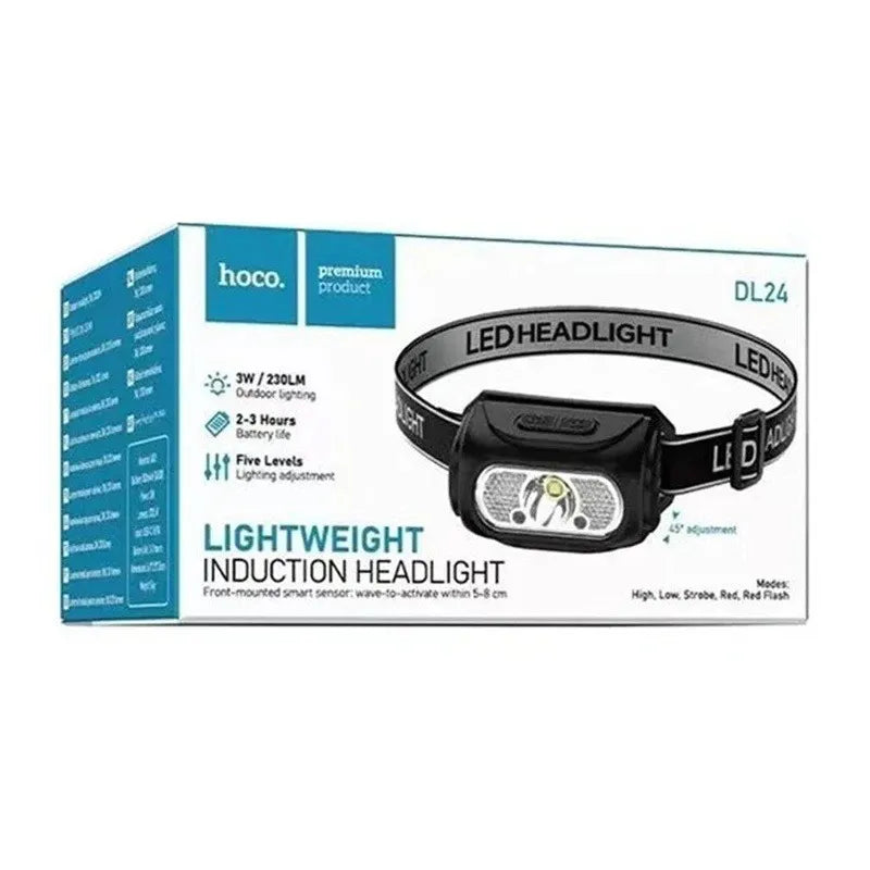 The official retail packaging box of the Hoco DL24 Lightweight Induction Headlight, displaying product features like 230LM brightness, 45 degree adjustment, and wave-to-activate motion sensor, available at Lebtech Store with fast delivery across Lebanon.
