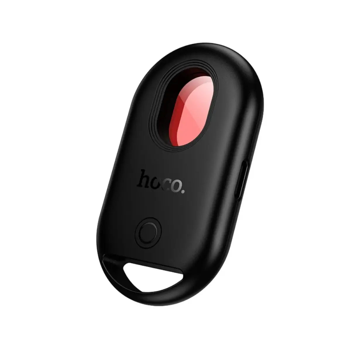 An angled product shot of the compact black Hoco E95 Quest smart tracker showcasing the red viewfinder filter lens and a built-in keychain loop hole from LebTech Store.