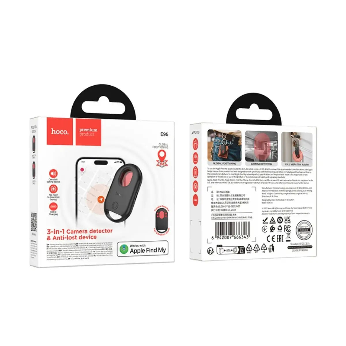 Front and back packaging of the Hoco E95 Quest 3-in-1 camera detector and anti-lost device showing its Apple Find My compatibility, global positioning, and fall vibration alarm details from LebTech Store.