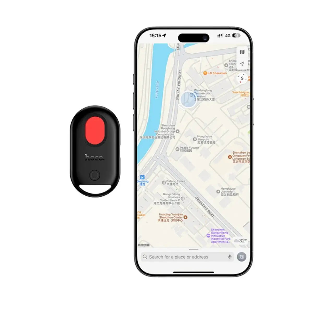 The Hoco E95 Quest smart tracker shown next to an iPhone displaying real-time live map location tracking through the official Apple Find My network compatibility, from LebTech Store.