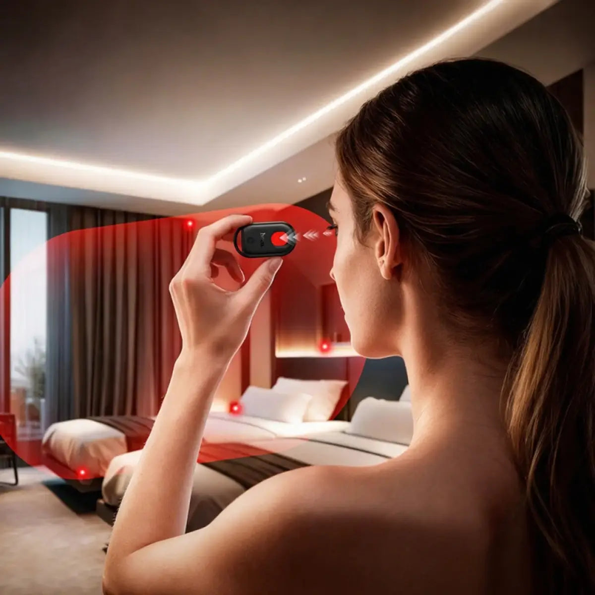  A woman using the infrared viewfinder lens on the black Hoco E95 Quest device to scan and detect hidden cameras inside a hotel room, highlighting portable travel security from LebTech Store.