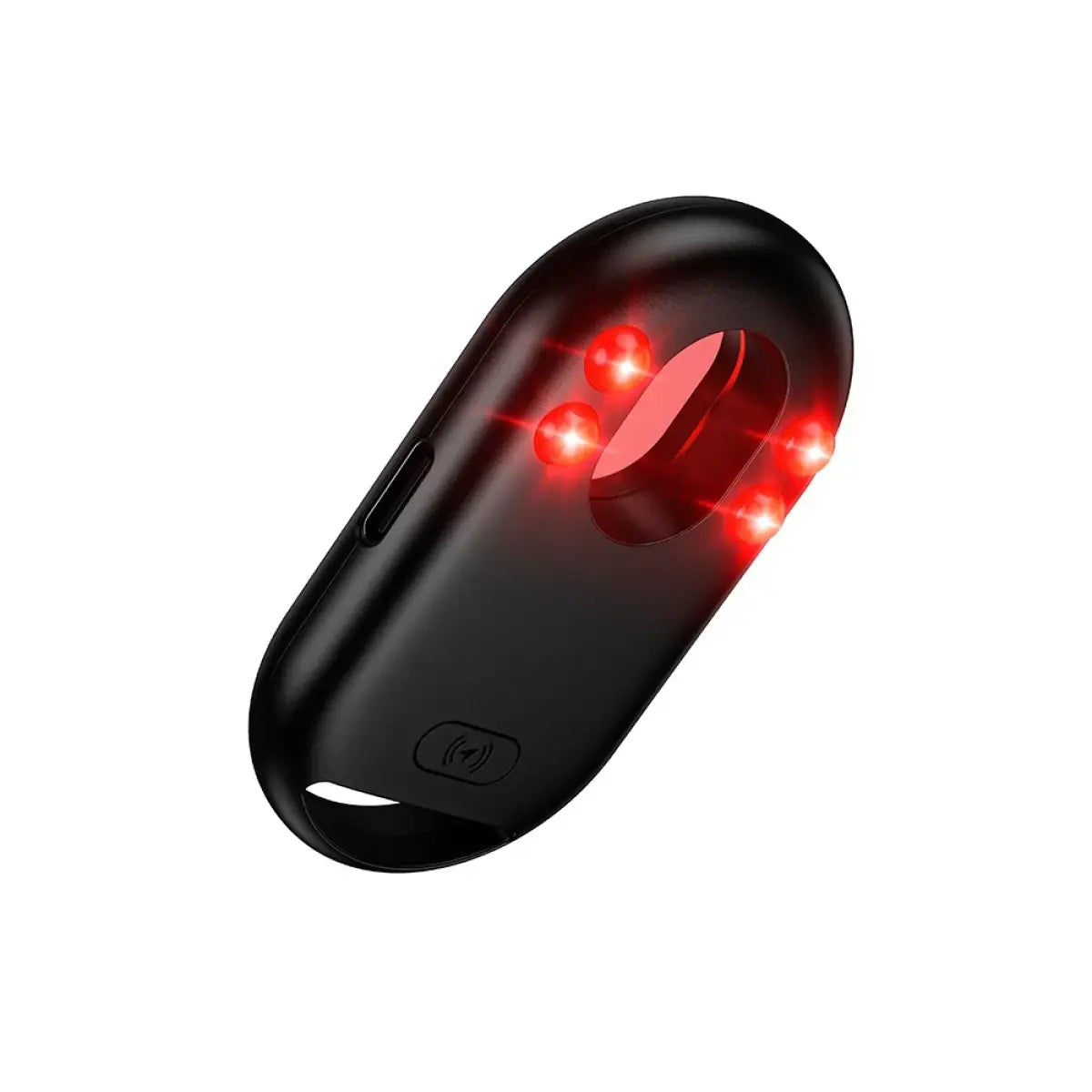 Close-up view of the black Hoco E95 Quest device showcasing active red infrared LED lights surrounding the optical viewfinder lens used for spotting hidden spy cameras, available at LebTech Store.