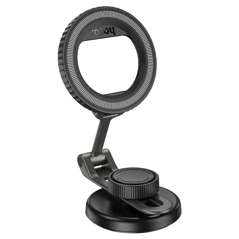 Black ring light with stand on a white background