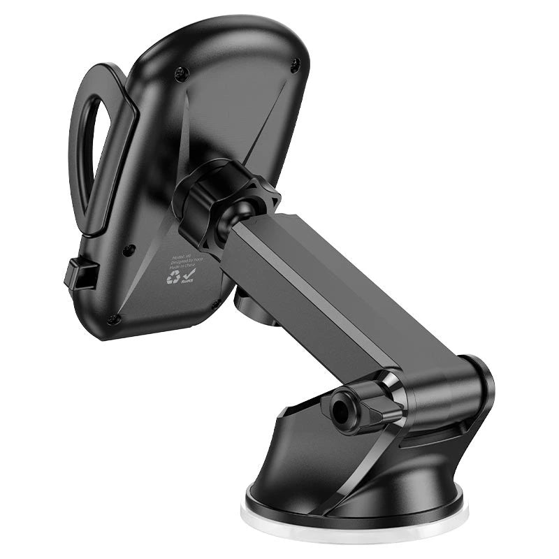 Black car phone mount with adjustable arm on a white background