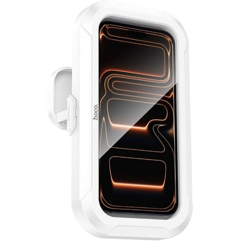 Front studio view of the white HOCO HD16 waterproof phone holder showing its clear touchscreen front panel, offered by Lebtech Store in Lebanon.