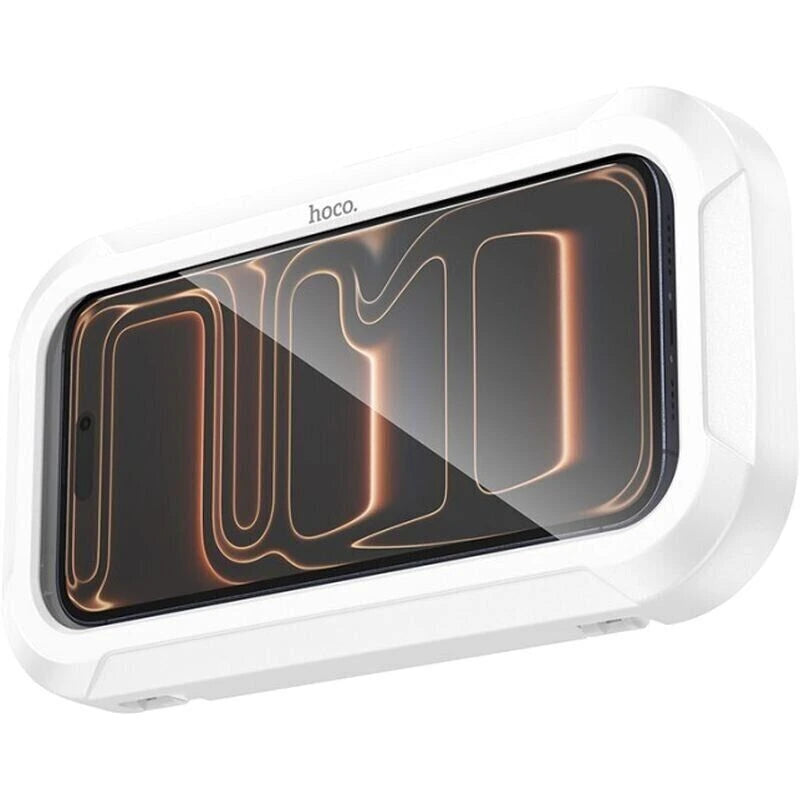 Front studio view of the white HOCO HD16 waterproof shower phone holder rotated horizontally, highlighting its wide landscape viewing mode at Lebtech Store in Lebanon.