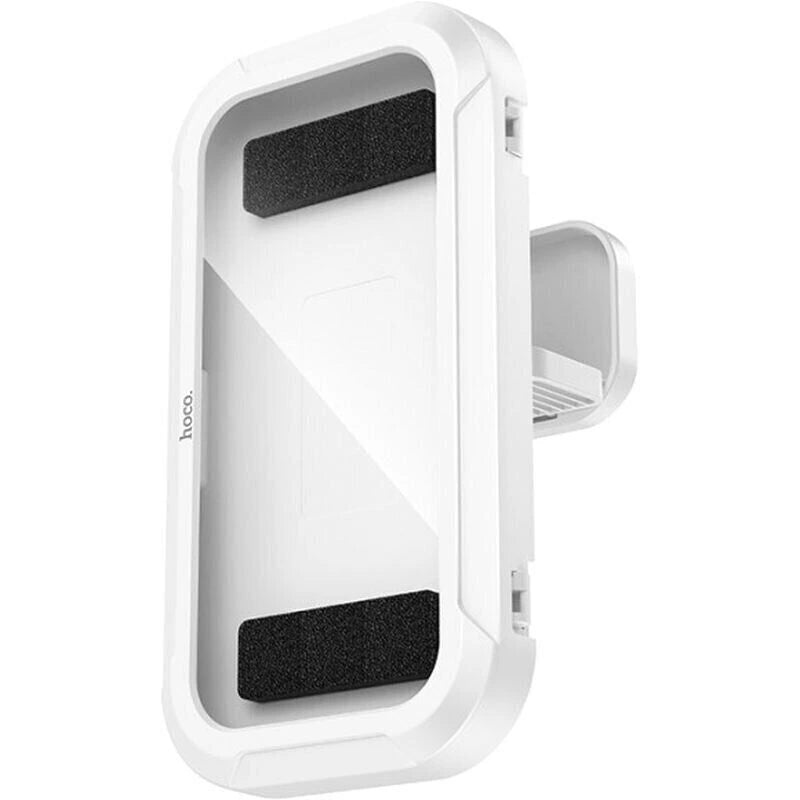 An empty white HOCO HD16 waterproof wall phone case positioned vertically, displaying its clear front window and back stand, from Lebtech Store in Lebanon.