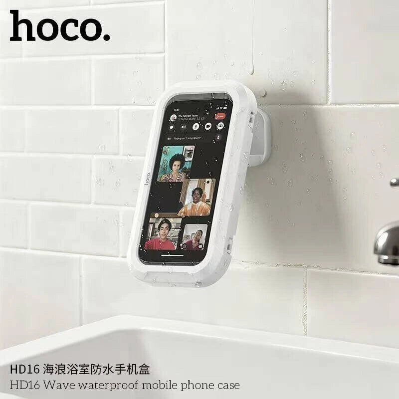 HOCO HD16 Wave waterproof bathroom mobile phone case mounted vertically on white tiled walls above a washbasin sink, available at Lebtech Store in Lebanon.