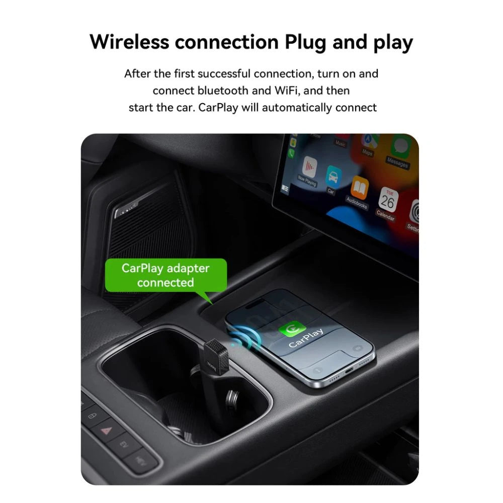 Car dashboard with CarPlay adapter connected, showing wireless connection process - Lebtech Store