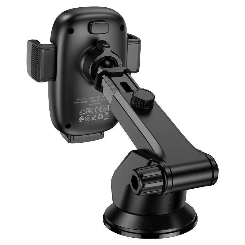 Black car phone mount with adjustable arm on a white background