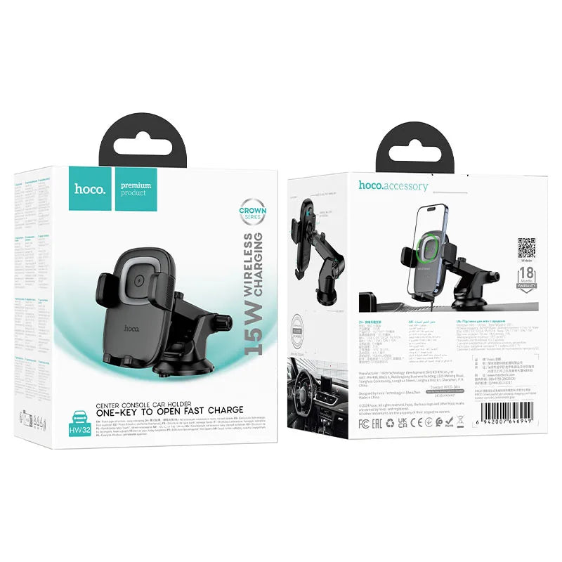 Hoco car phone holder packaging with product illustration and text on a white background