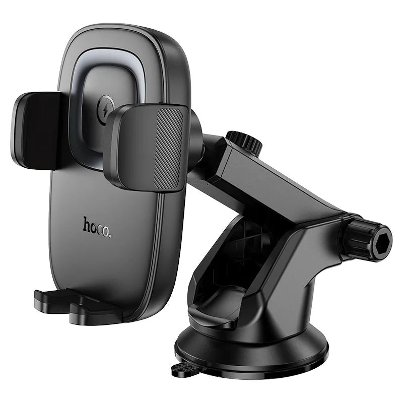 Black car phone holder with a suction cup on a white background
