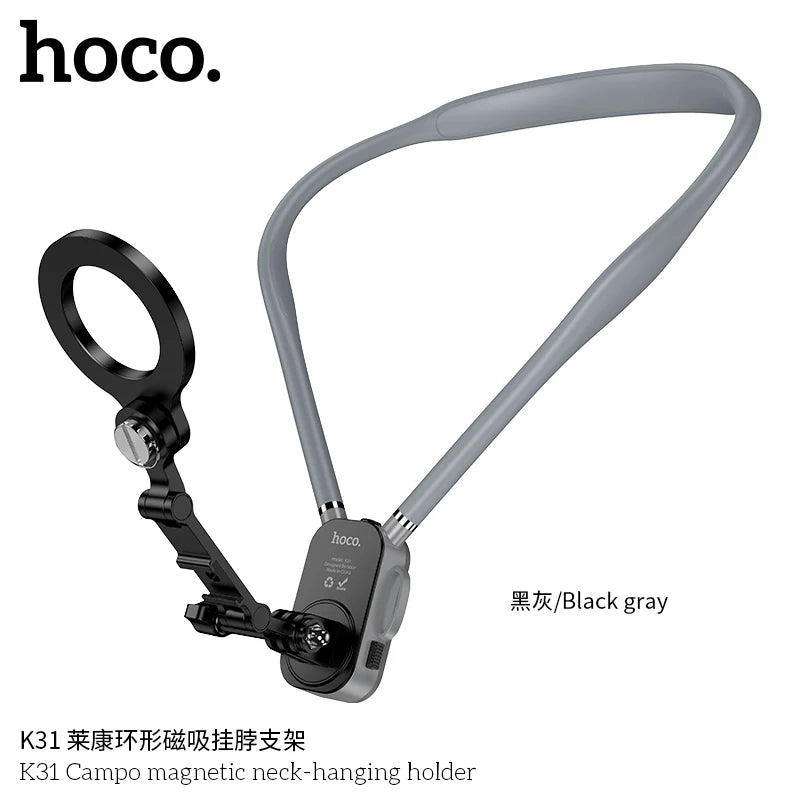 Hoco K31 Campo magnetic neck-hanging holder in black gray color option showing the flexible neckband and adjustable phone mount bracket, available at Lebtech Store with fast delivery across Lebanon.
