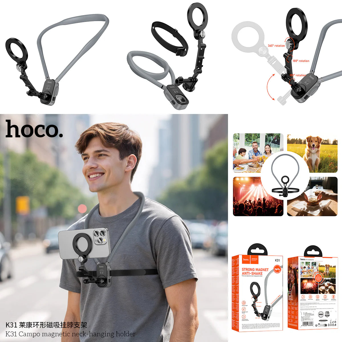  Product collage showing a man wearing the Hoco K31 Campo magnetic neck-hanging holder for hands-free vlogging, alongside multi-angle rotation diagrams and packaging details, from Lebtech Store Lebanon.
