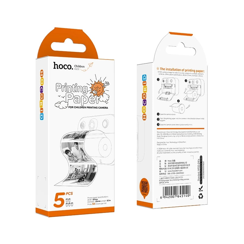 Hoco five-roll printing paper box shown front and back, with roll specifications and loading instructions