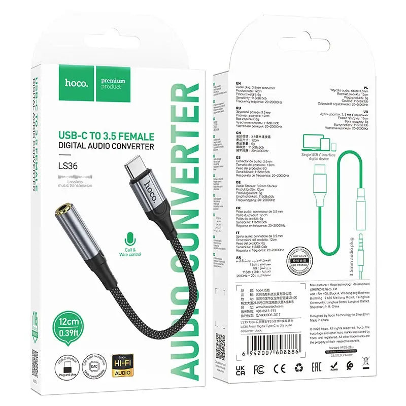 Hoco USB-C to 3.5mm female audio converter with packaging on a white background - Lebtech Store