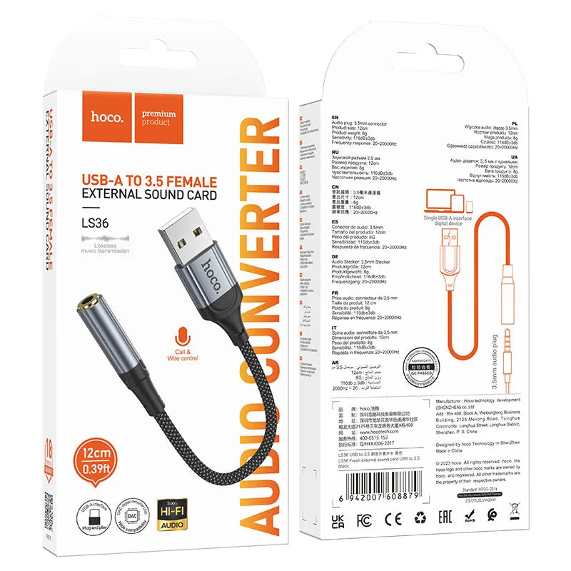 Hoco USB-A to 3.5mm female audio converter with packaging on a white background - Lebtech Store