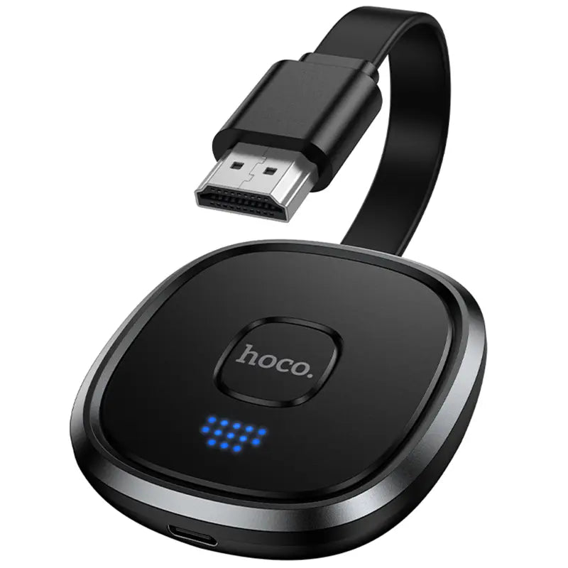  Close up view of the Hoco UA45 wireless display receiver showing the HDMI male connector and bottom Type C power port, from Lebtech Store with fast delivery across Lebanon.