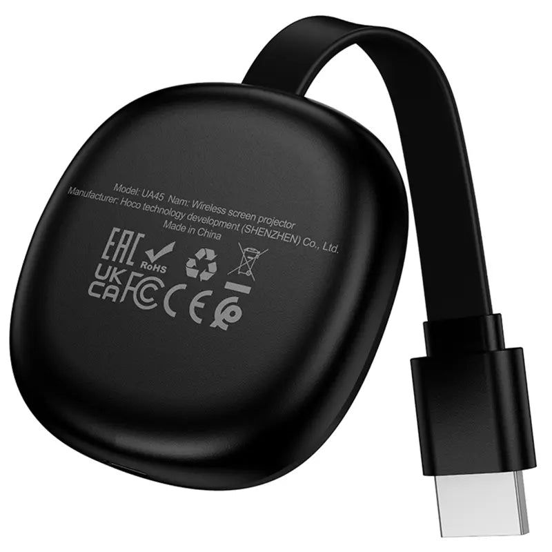 Back view of the black Hoco UA45 wireless screen projector adapter showing certification markings and model details, available at Lebtech Store with fast shipping in Lebanon
