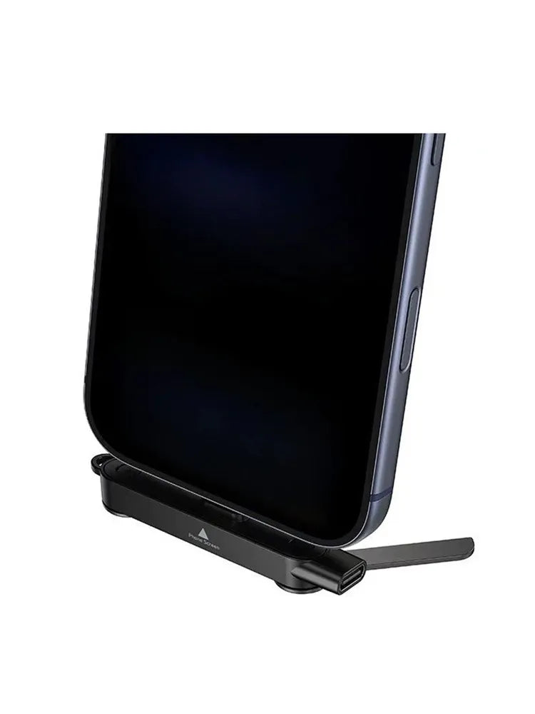 Hoco UA47 2-in-1 charging adapter plugged into the bottom of a smartphone, holding it upright in a vertical portrait orientation with its extended metal kickstand leg, available at Lebtech Store with fast delivery across Lebanon.
