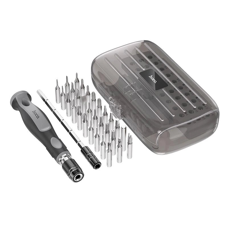  Hoco UT10 Precision Screwdriver kit fully disassembled showing the magnetic handle, extension rod, and complete 30-piece micro bit collection next to its protective case at Lebtech Store Lebanon.
