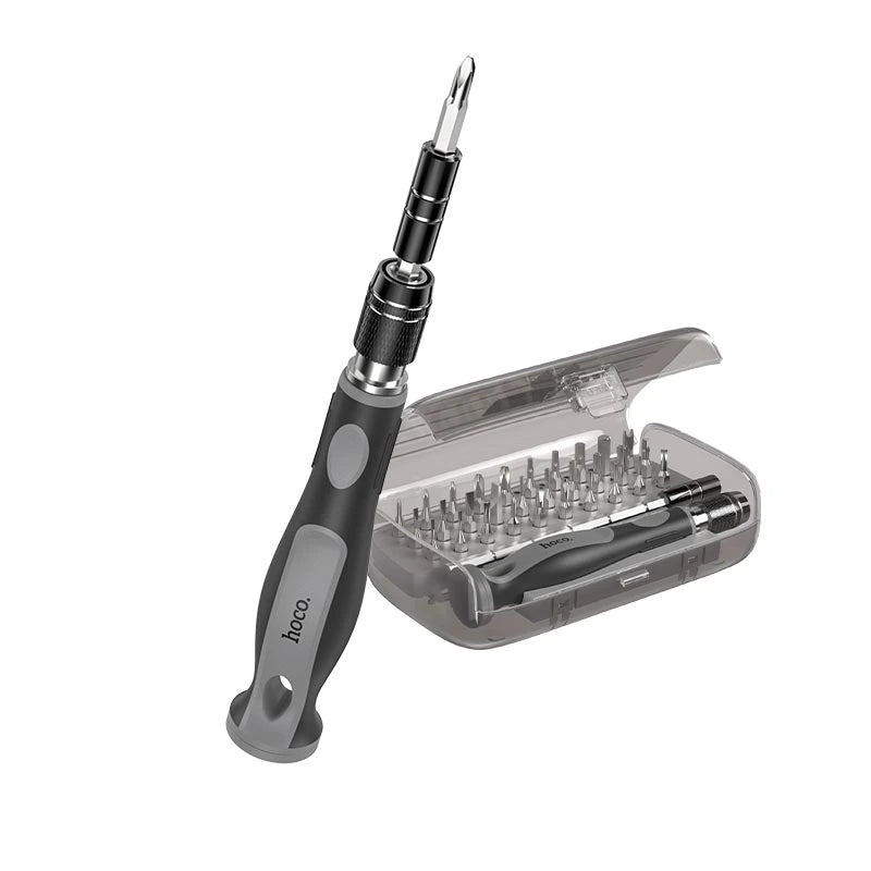 Hoco UT10 32-in-1 Precision Screwdriver Set showing the ergonomic driver handle and open transparent storage case with micro-bits at Lebtech Store Lebanon.
