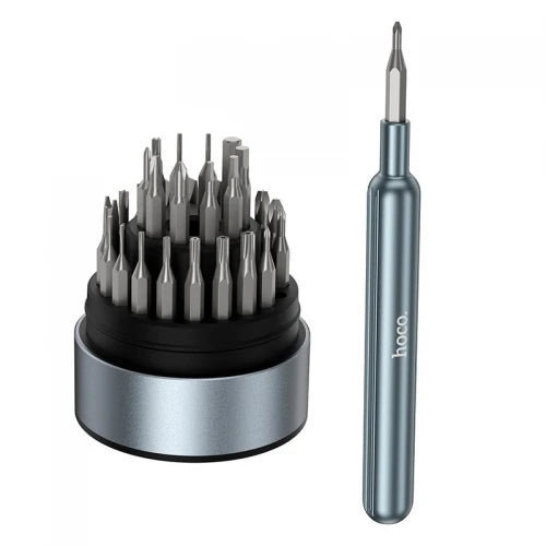 Hoco UT11 FixMaster Precision Screwdriver driver handle standing next to the 30-piece micro bit organizer carousel tower block at Lebtech Store Lebanon.
