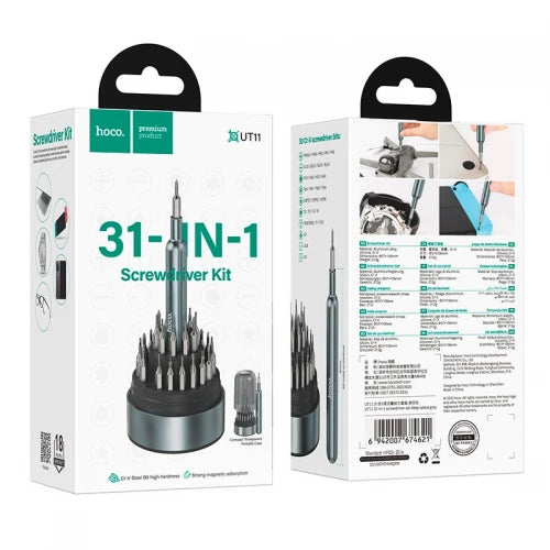 Hoco UT11 FixMaster 31-in-1 Precision Screwdriver Set retail packaging box showing the front kit presentation and back technical specifications at Lebtech Store Lebanon.
