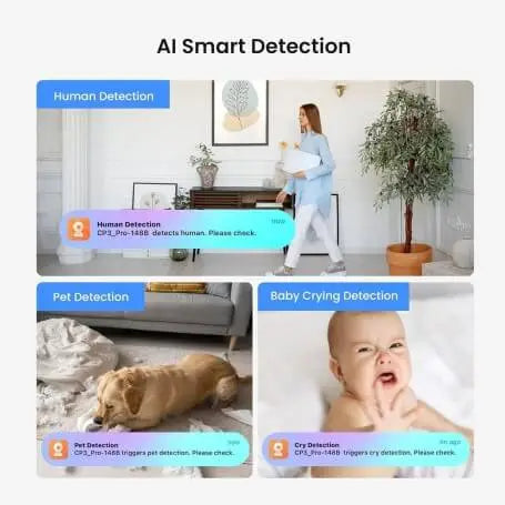 AI smart detection system with human, pet, and baby crying detection in a home setting.