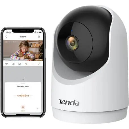 Tenda smart camera with smartphone app interface on a white background