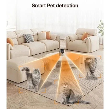 Smart pet detection system in a living room with a cat walking on a transparent floor.