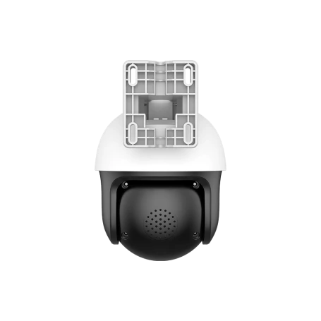 Security camera with white top and black base on a white background