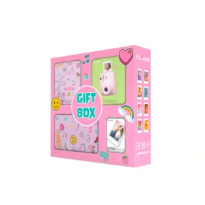 Fujifilm Instax Mini 12 Gift Box in Blossom Pink showing camera and accessory kit - Lebtech Store.
