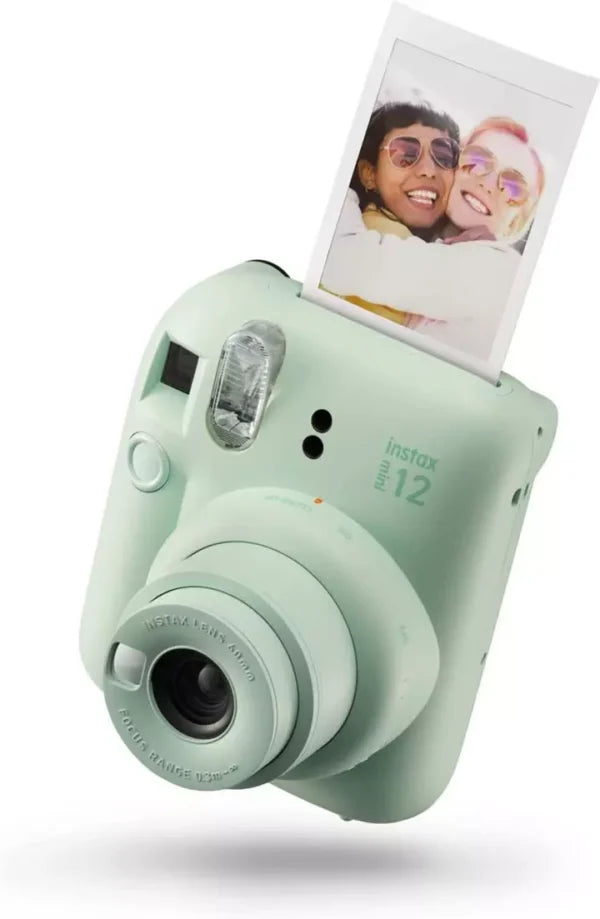 Fujifilm Instax Mini 12 showing close-up of lens and selfie mirror in Mint Green - Lebtech Store.