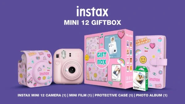  Fujifilm Instax Mini 12 Gift Box showing included camera, protective case, photo album, and mini film - Lebtech Store.