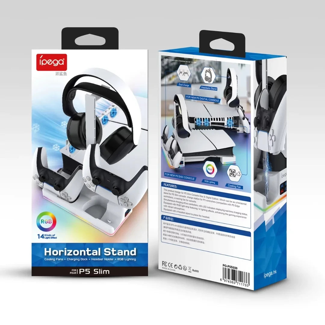  ipega PG-P5S039 Horizontal RGB Cooling Stand retail packaging showing cooling fan and headset holder for PS5 Slim - Lebtech Store Lebanon.