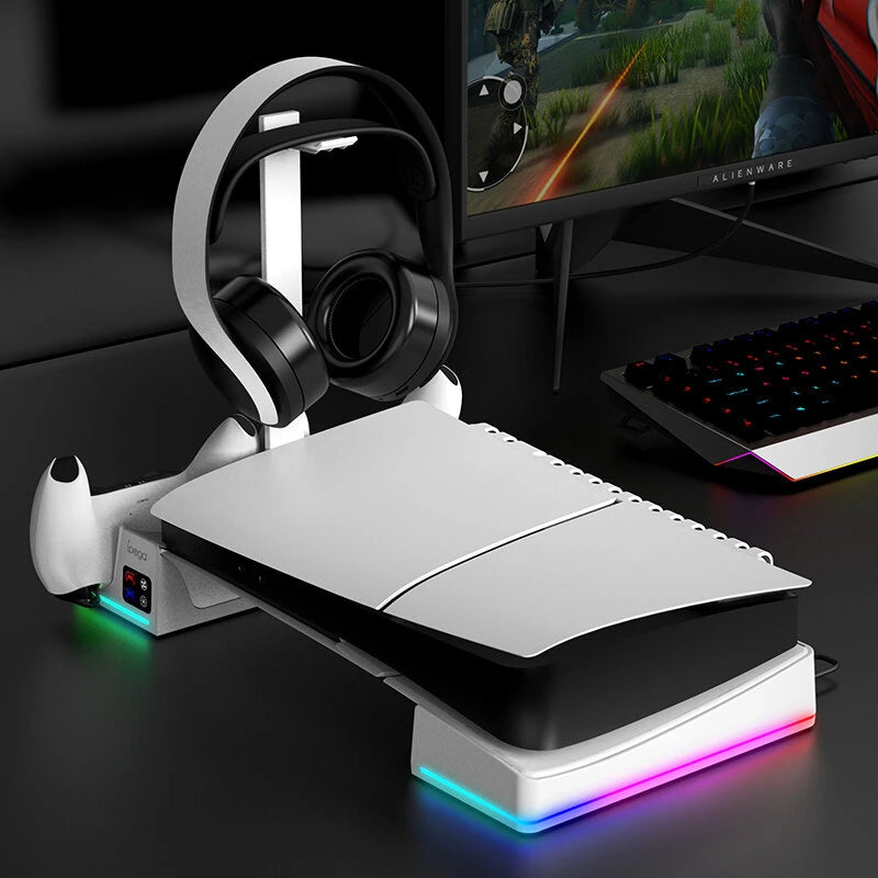 ipega PG-P5S039 Horizontal Cooling Stand in a gaming setup with PS5 Slim, headset, and RGB lighting at Lebtech Store Lebanon.