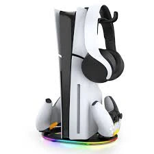 ipega PG-P5S045H Multi-Functional RGB Charging Stand showing PS5 Slim console, controllers, and headset setup - Lebtech Store Lebanon.
