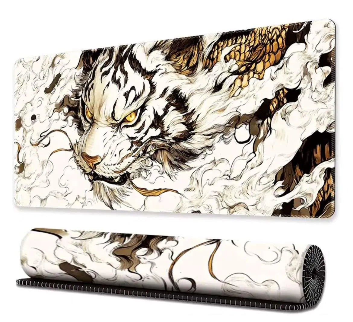 Japanese style white tiger and dragon traditional artwork gaming desk mat mouse pad in 30x80cm size showing flat and rolled views at Lebtech Store Lebanon.
