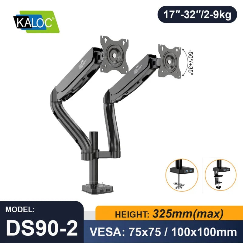 Kaloc DS90-2 dual monitor arm infographic at LebTech Store Lebanon, showing 17-32 inch screen support, 2-9kg weight capacity, VESA 75x75 and 100x100 compatibility, and dual mounting options for desks across Lebanon
