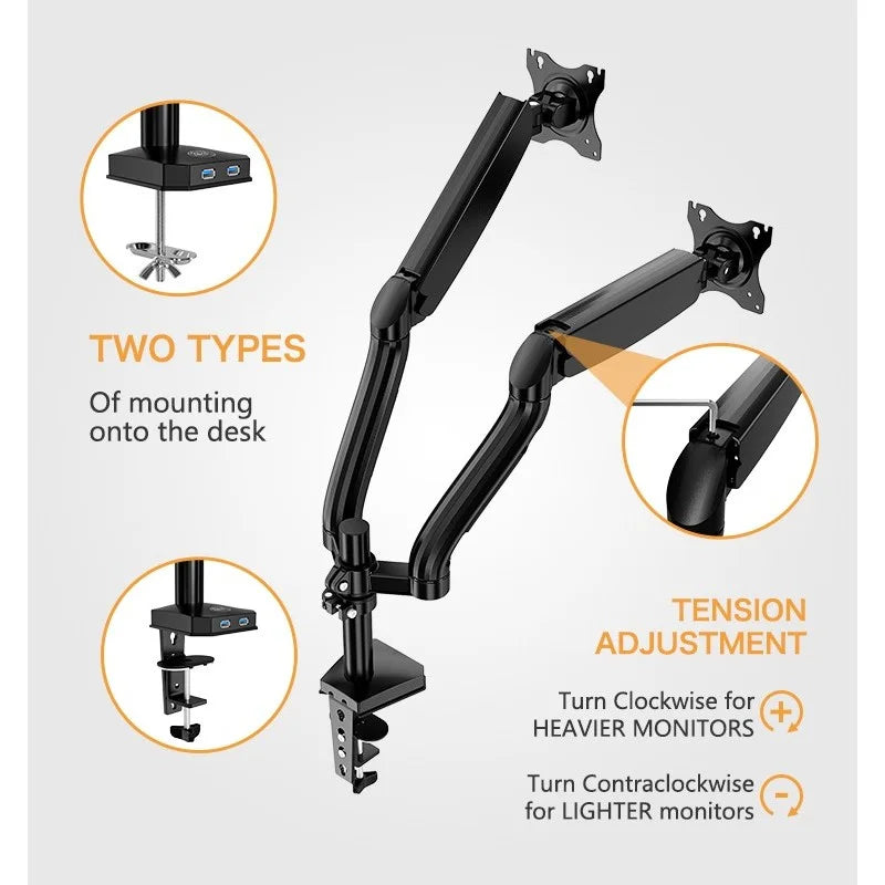 Kaloc DS90-2 dual monitor arm installation guide from LebTech Store Lebanon, showing the two desk mounting types (C-clamp and grommet) and how to use the gas spring tension adjustment for different monitor weights.