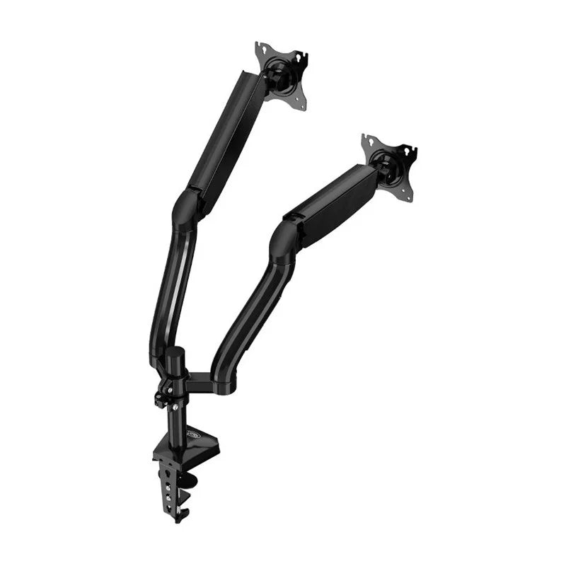 High-angle view of the Kaloc DS90-2 dual monitor arm in black, highlighting the sleek gas spring design and VESA mounts, available at LebTech Store with fast shipping to all cities in Lebanon