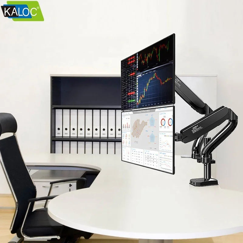 Professional office setup featuring the Kaloc DS90-2 dual monitor arm from LebTech Store Lebanon, showing two monitors stacked vertically on a white desk to maximize workspace for professionals in Lebanon.