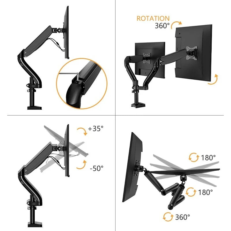 Complete range of motion diagram for the Kaloc DS90-2 dual monitor arm at LebTech Store Lebanon, showcasing 360-degree rotation, +35 to -50 degree tilt, and 180-degree swivel for the ultimate ergonomic setup in Lebanon.