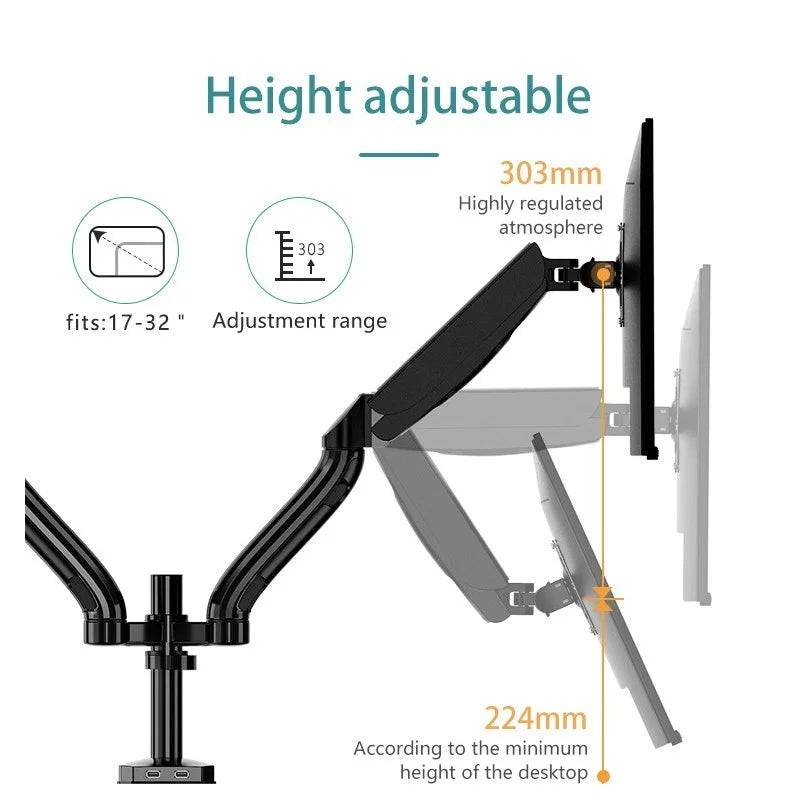 Height adjustment diagram for the Kaloc DS90-2 dual monitor arm from LebTech Store Lebanon, showing a 303mm adjustment range to help customers in Lebanon achieve the perfect ergonomic eye level